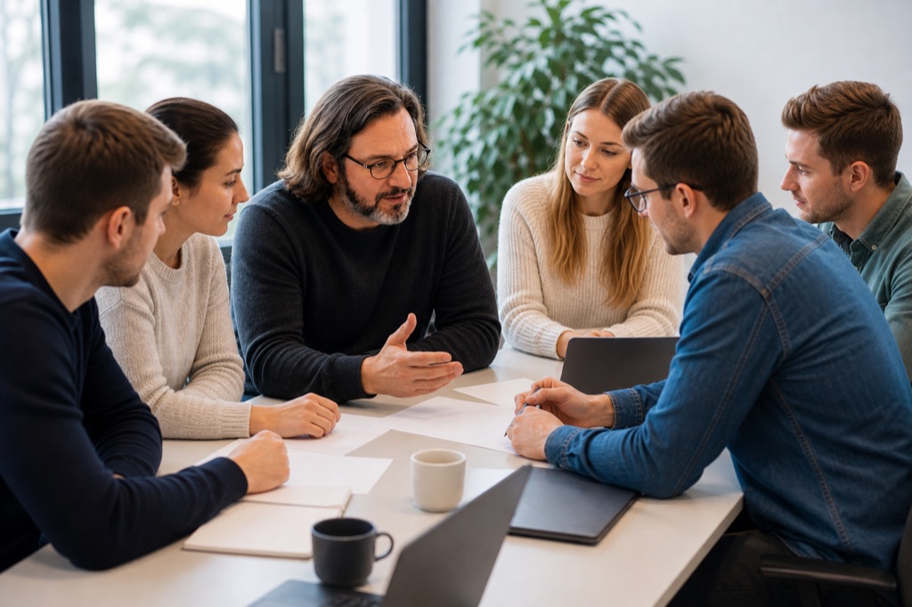 Dozent im Gespräch mit einer Gruppe Studierender am Seminartisch.