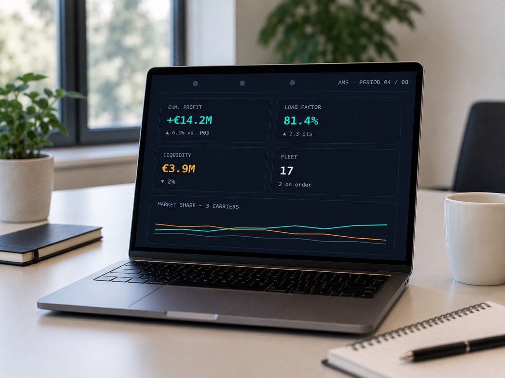 Laptop auf einem Schreibtisch, auf dem Bildschirm ein Kennzahlen-Dashboard der Simulation mit Ergebnis, Auslastung, Liquidität und Flotte.