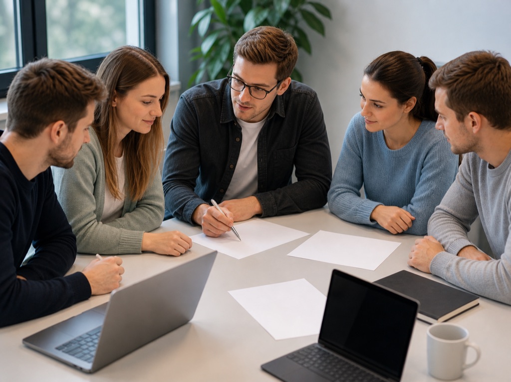 Fünf Teilnehmende arbeiten gemeinsam an einem Tisch an Unterlagen.