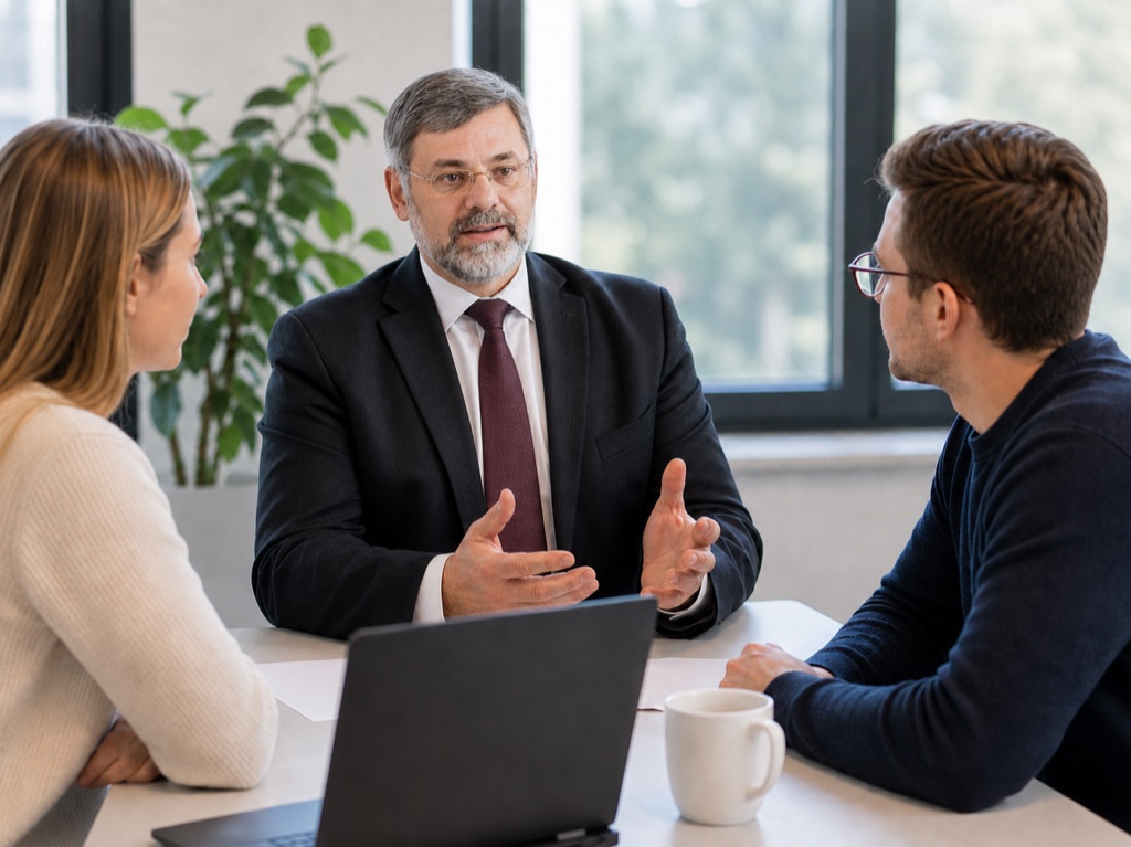 Dozent im Gespräch mit zwei Teilnehmenden am Besprechungstisch.
